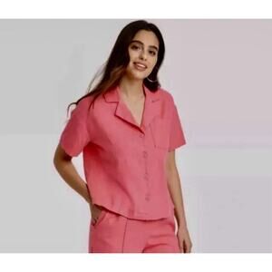 A New Day Linen Short Sleeve Button Up Camp Shirt Coral Women's XS NWT